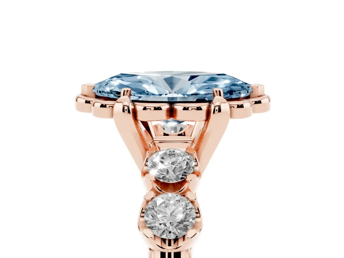 Fancy Blue Marquise Cut Cut Diamond Floral Halo Engagement Ring with Shared Prong Setting Rose gold
