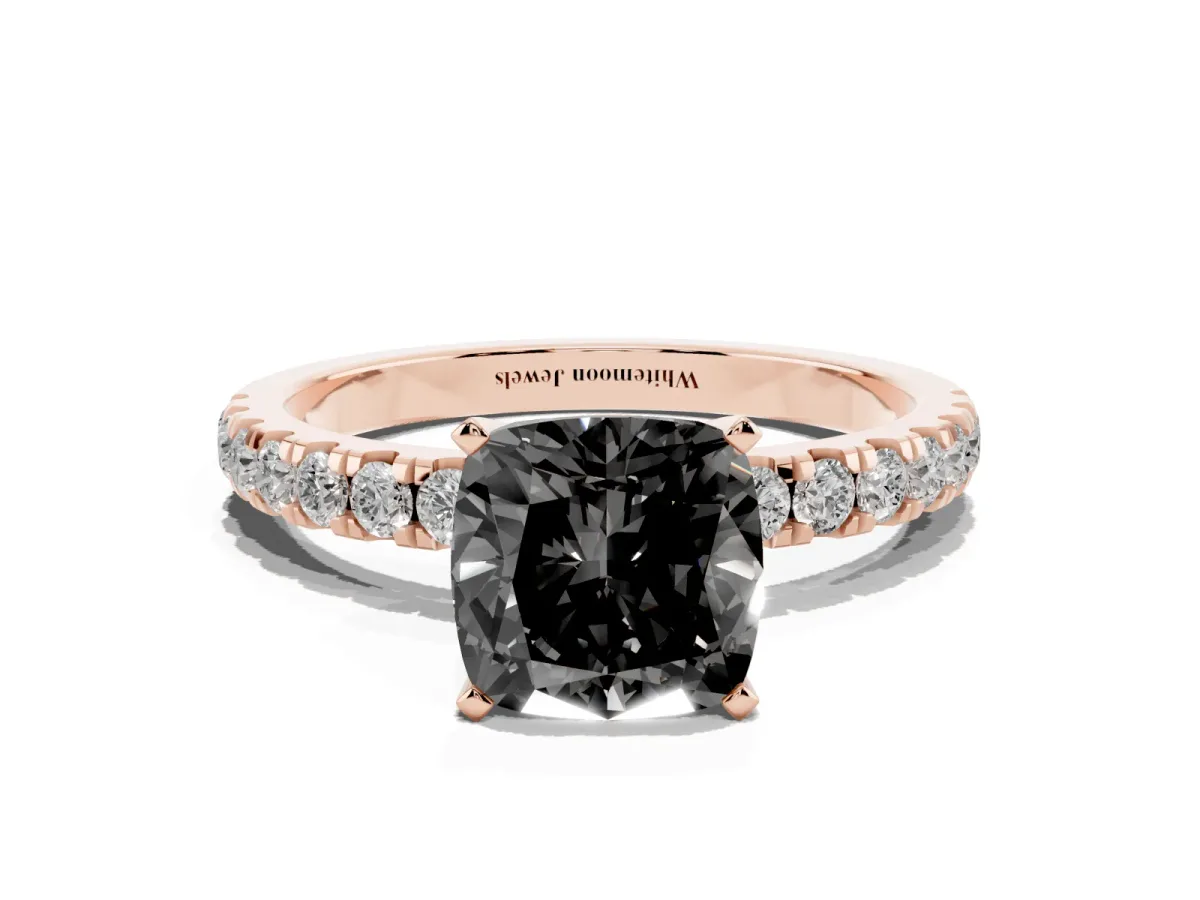 Fancy Black Cushion Cut Diamond Solitaire Ring with Pavé Accents and Four-Prong Setting Rose gold