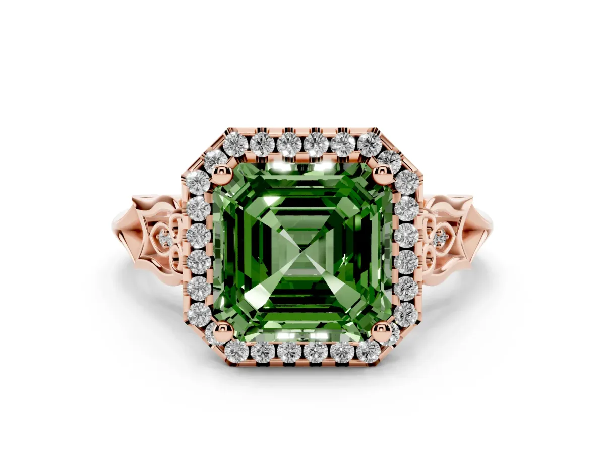 Fancy Green Asscher Cut Halo Diamond Engagement Ring with Filigree Band and Four-Prong Setting Rose gold