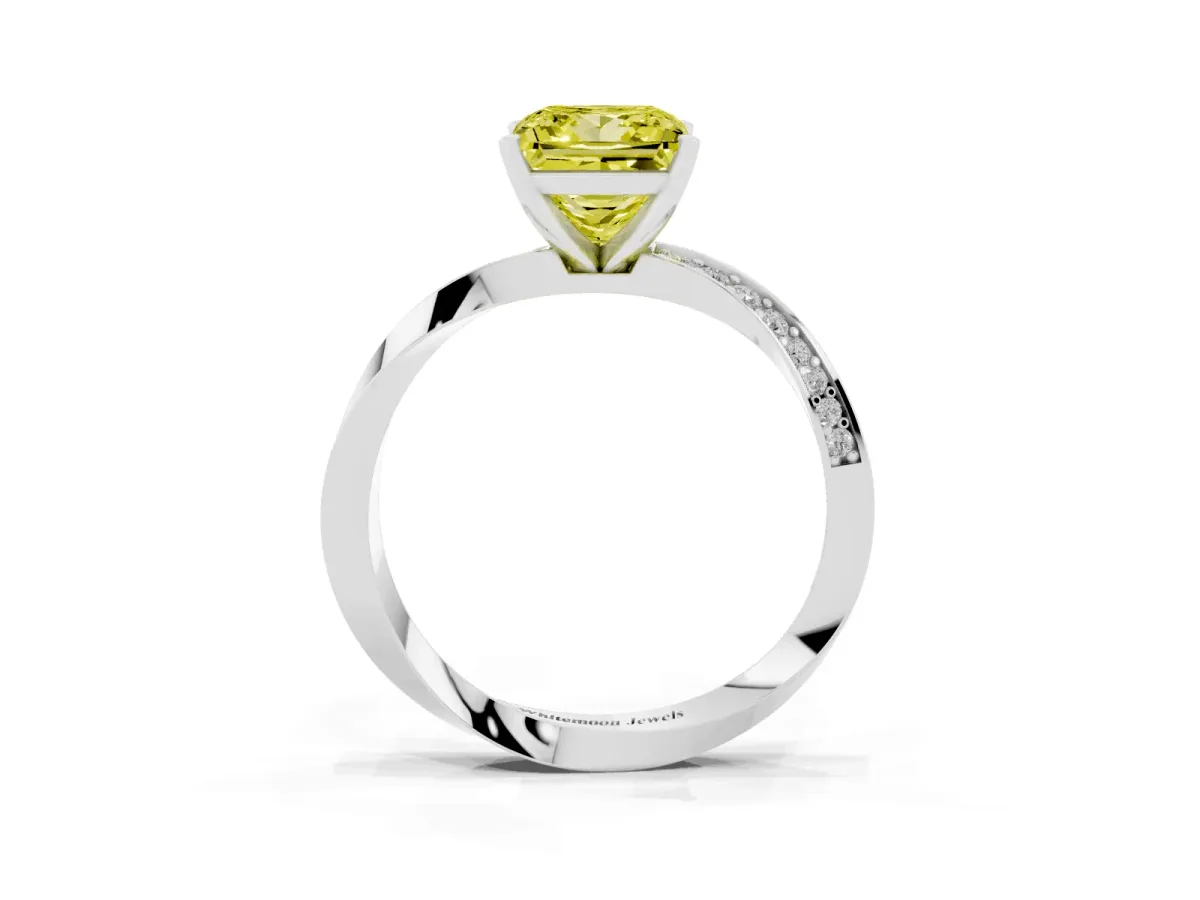 Fancy Yellow Princess Cut Diamond Engagement Ring with Side Stone Accents and Four-Prong Setting Silver