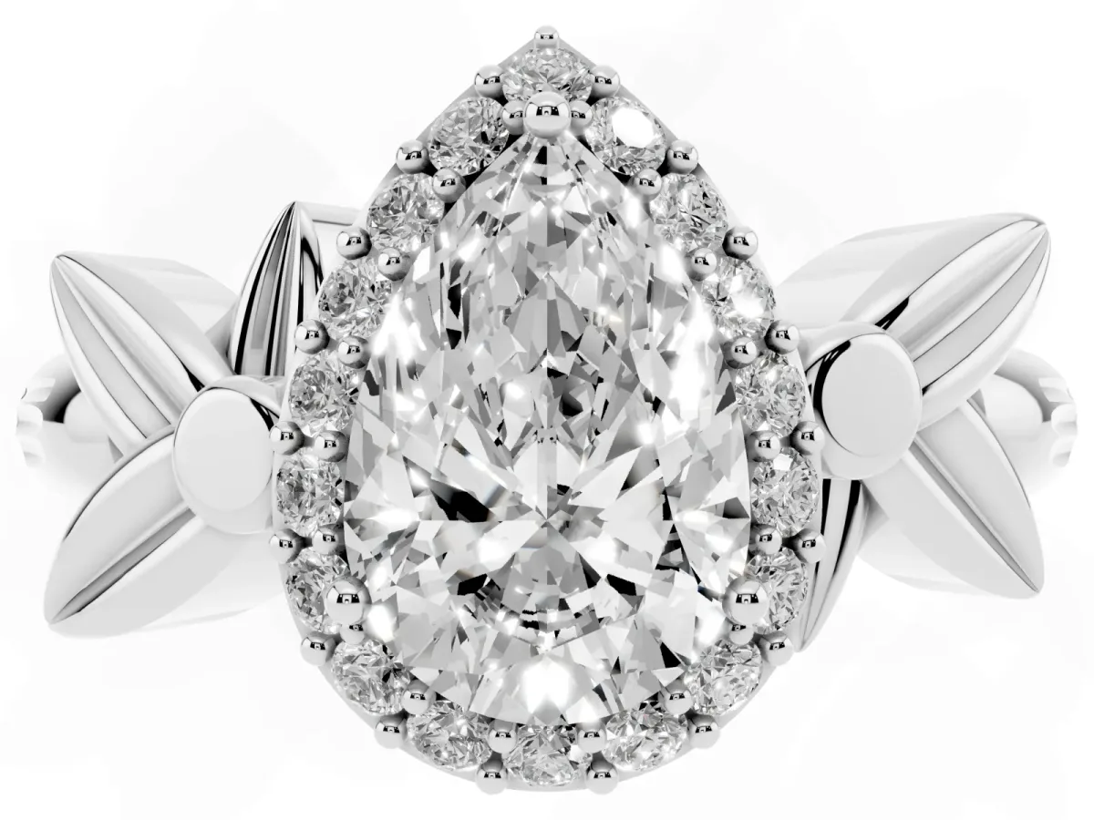 Pear Cut Halo Diamond Floral Band with Four-Prong Setting White gold