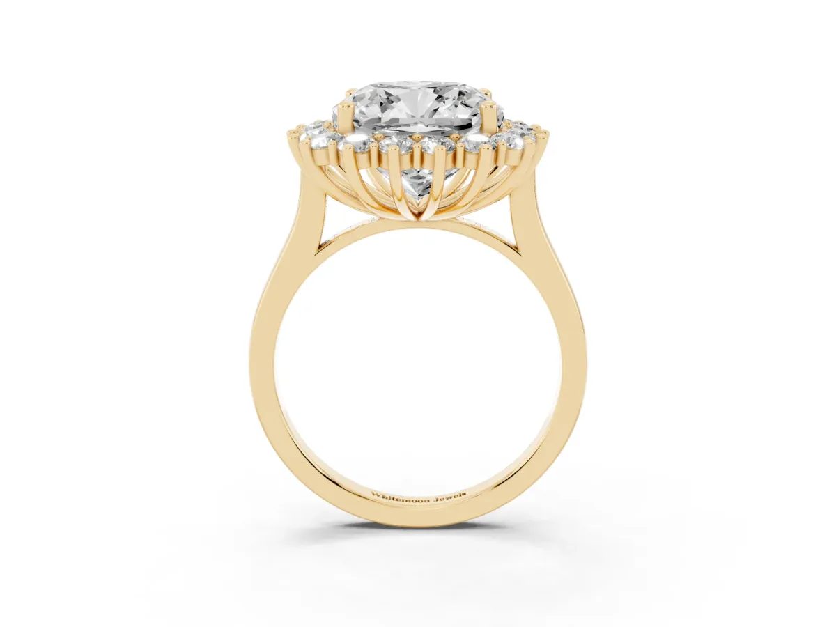 Cushion Diamond Halo Engagement Ring with Round Diamond Accents Yellow gold