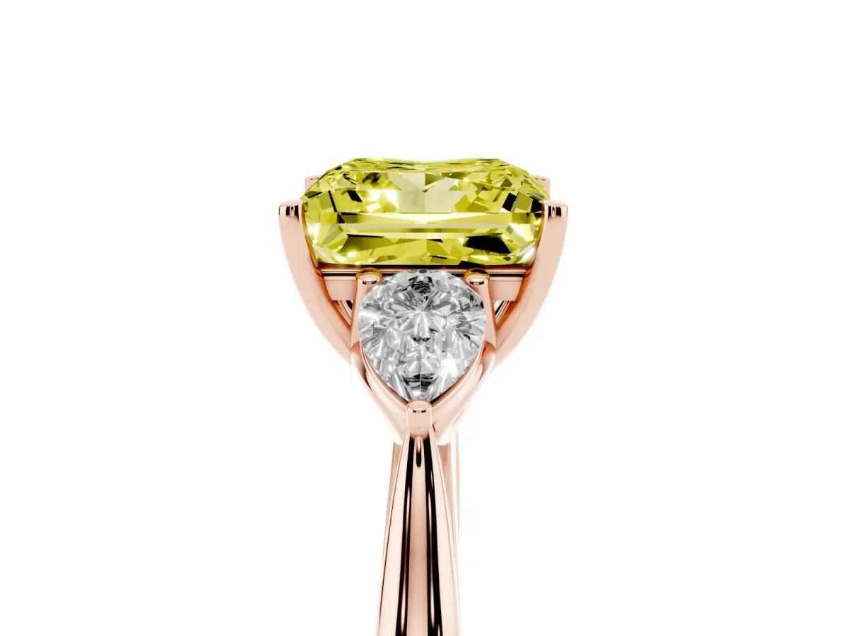 Fancy Yellow Princess Cut Diamond Three-Stone Ring with Pear Side Stones and Prong Setting Rose gold