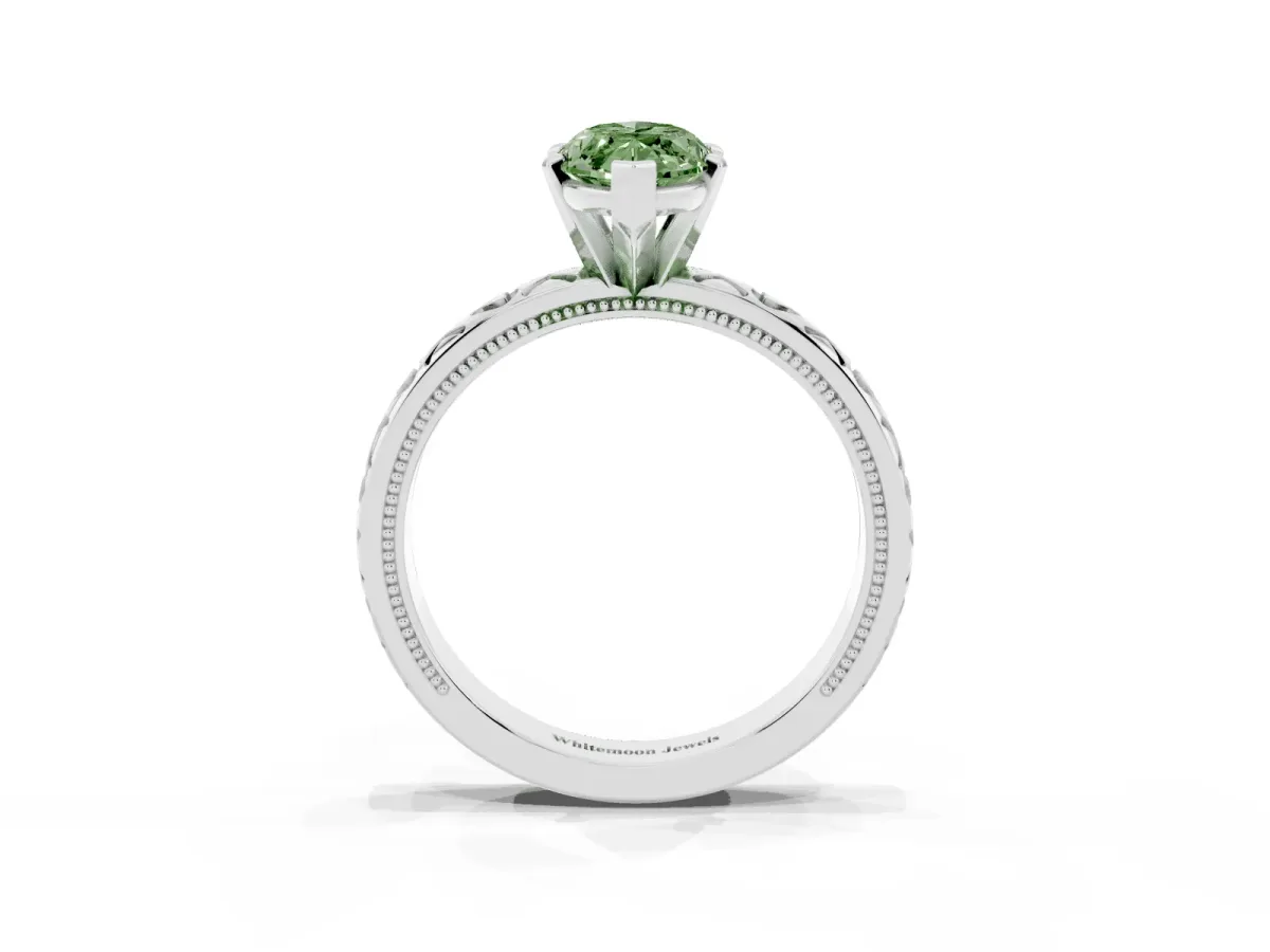 Fancy Green Marquise Cut Solitaire Diamond Engagement Ring with XO Engraved Band and Four-Prong Setting Platinum