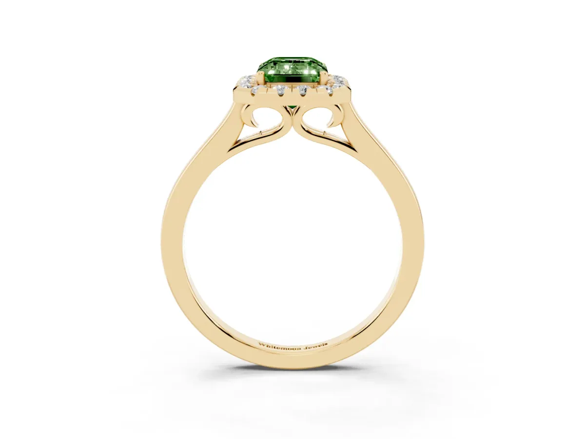 Fancy Green Emerald Cut Halo Round Diamond Solitaire Ring with Pavé Band and Four-Prong Setting Yellow gold