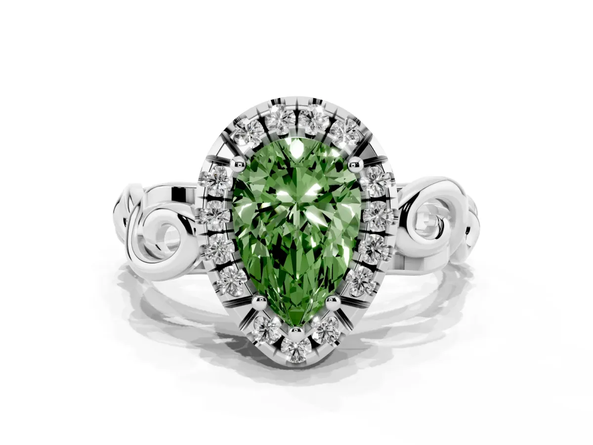 Fancy Green Pear Cut Cut Halo Diamond Ring with Scrollwork Band and Four-Prong Setting Platinum