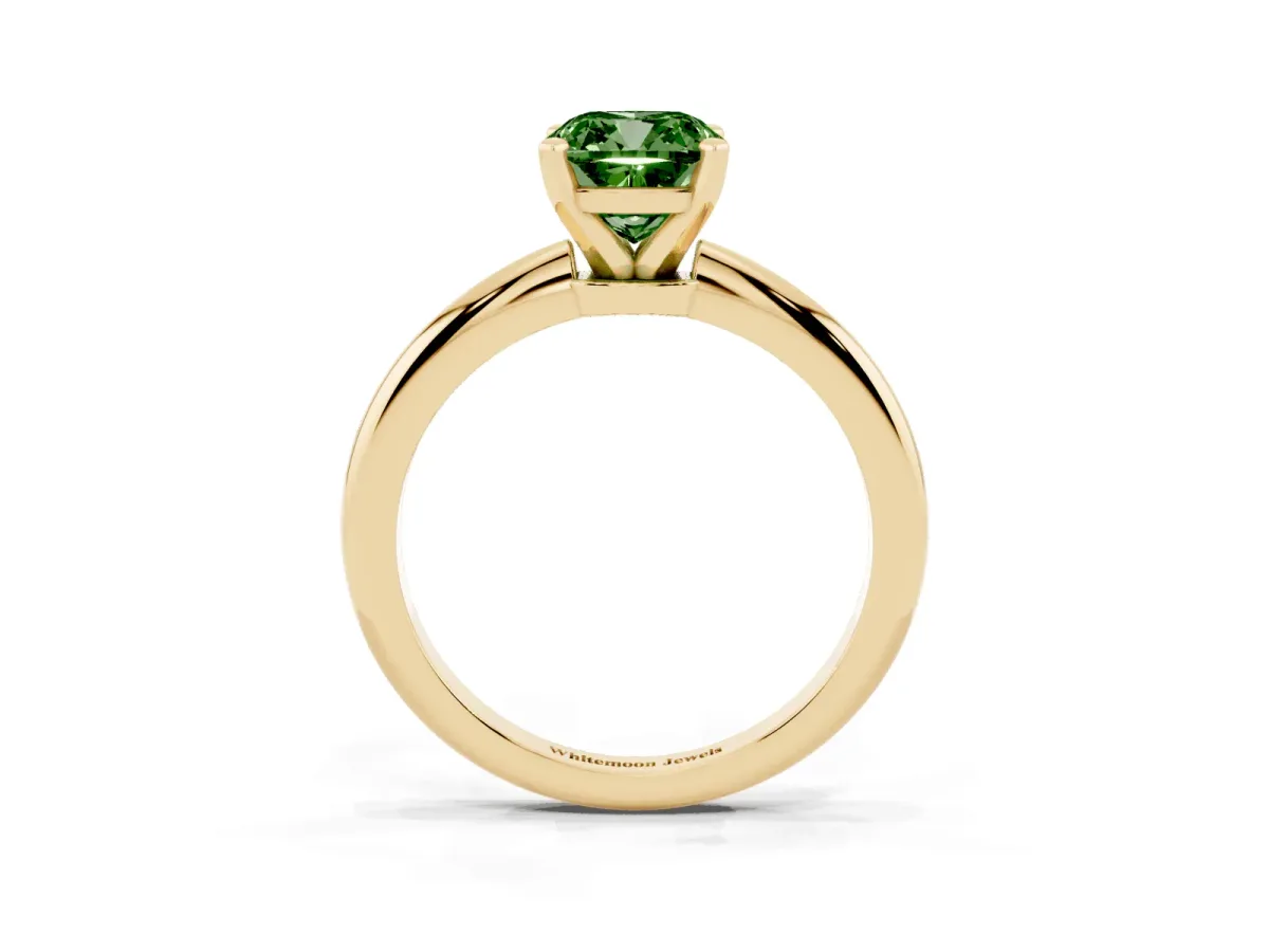 Fancy Green Cushion Cut Diamond Solitaire Ring with Prong Setting and Classic Band Yellow gold