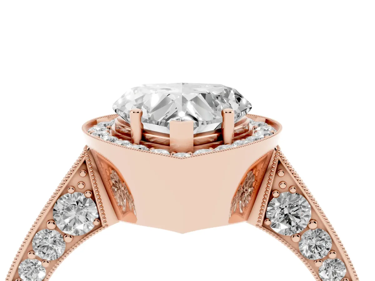 Heart Cut Halo Diamond Engagement Ring with Split Shank Band and Four-Prong Setting Rose gold