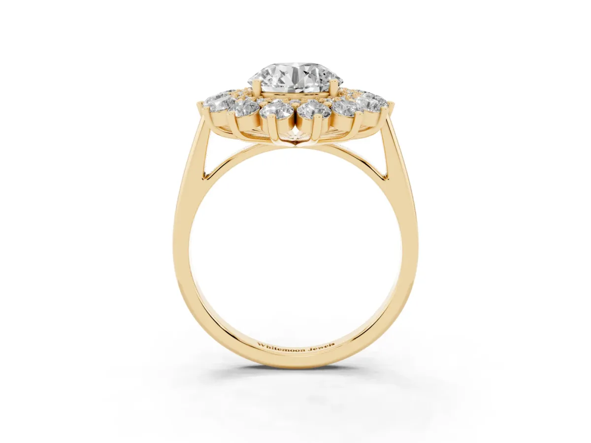 Round Cut Diamond Floral Double Halo Engagement Ring with Prong Setting Yellow gold