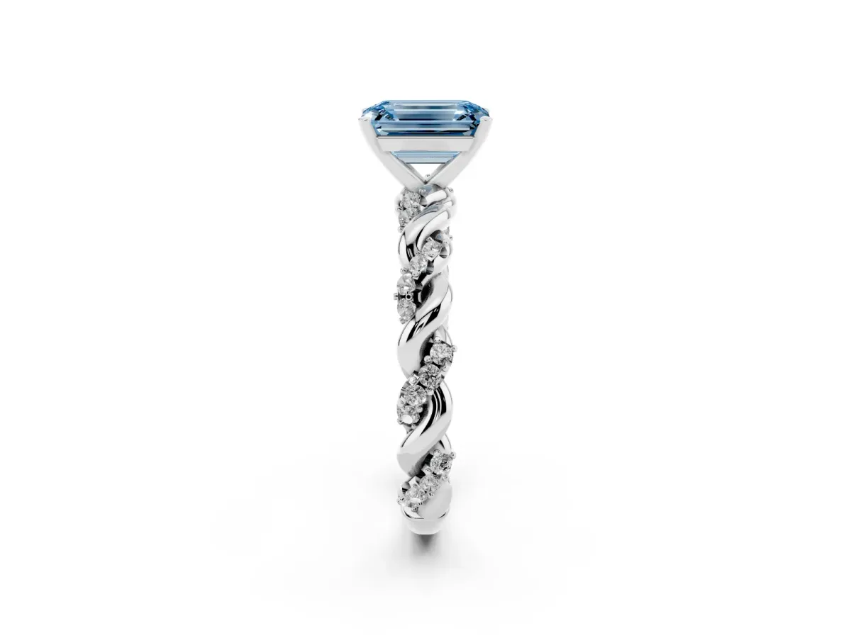 Fancy Blue Emerald Cut Diamond Solitaire Ring with Twisted Band and Pavé Accents White gold