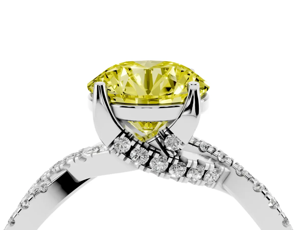 Fancy Yellow Round Cut Solitaire Twist Pave Diamond Engagement Ring with Prong Setting Silver