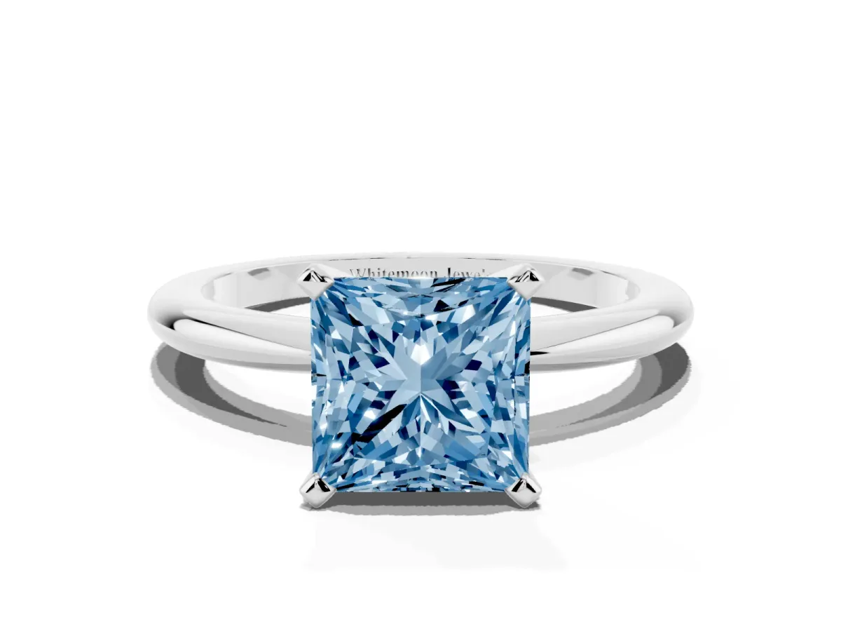 Fancy Blue Princess Cut Diamond Solitaire Ring with Prong Setting and Classic Band Platinum