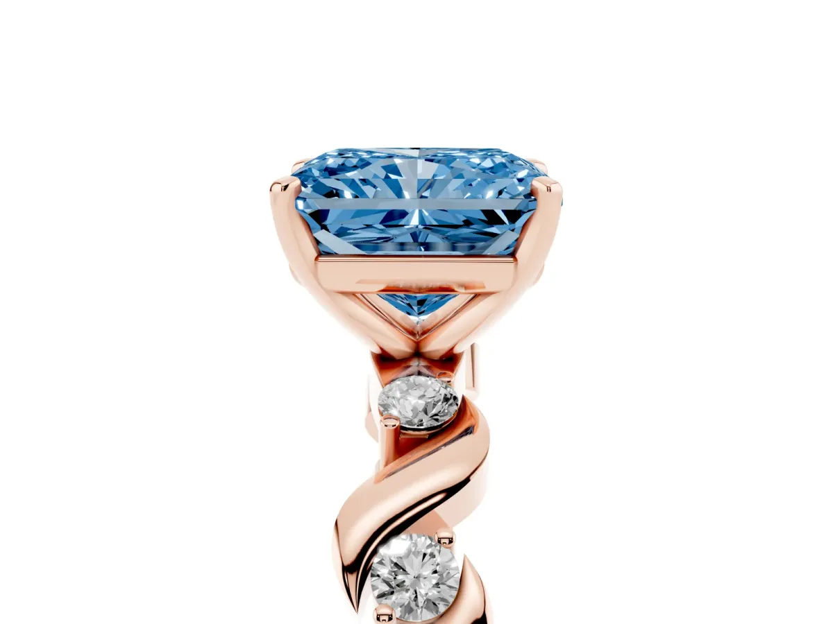 Fancy Blue Radiant Cut Diamond Solitaire Twisted Band with Round Accents and Prong Setting Rose gold