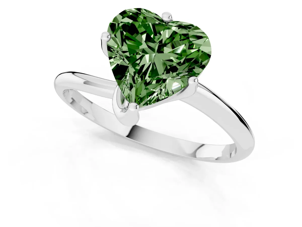 Fancy Green Heart Cut Diamond Solitaire Engagement Ring with Four-Prong Setting and Classic Band Silver
