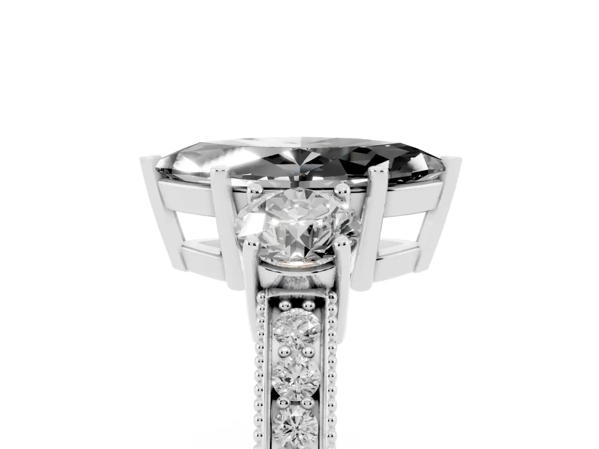 Fancy Black Marquise Cut Three-Stone Diamond Ring with Pavé Band and Four-Prong Setting Silver