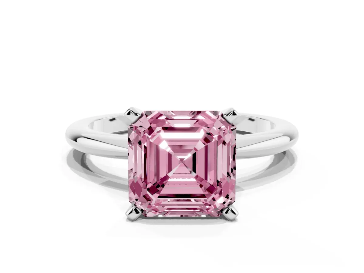 Fancy Pink Asscher Cut Diamond Solitaire Ring with Prong Setting and Classic Band Silver