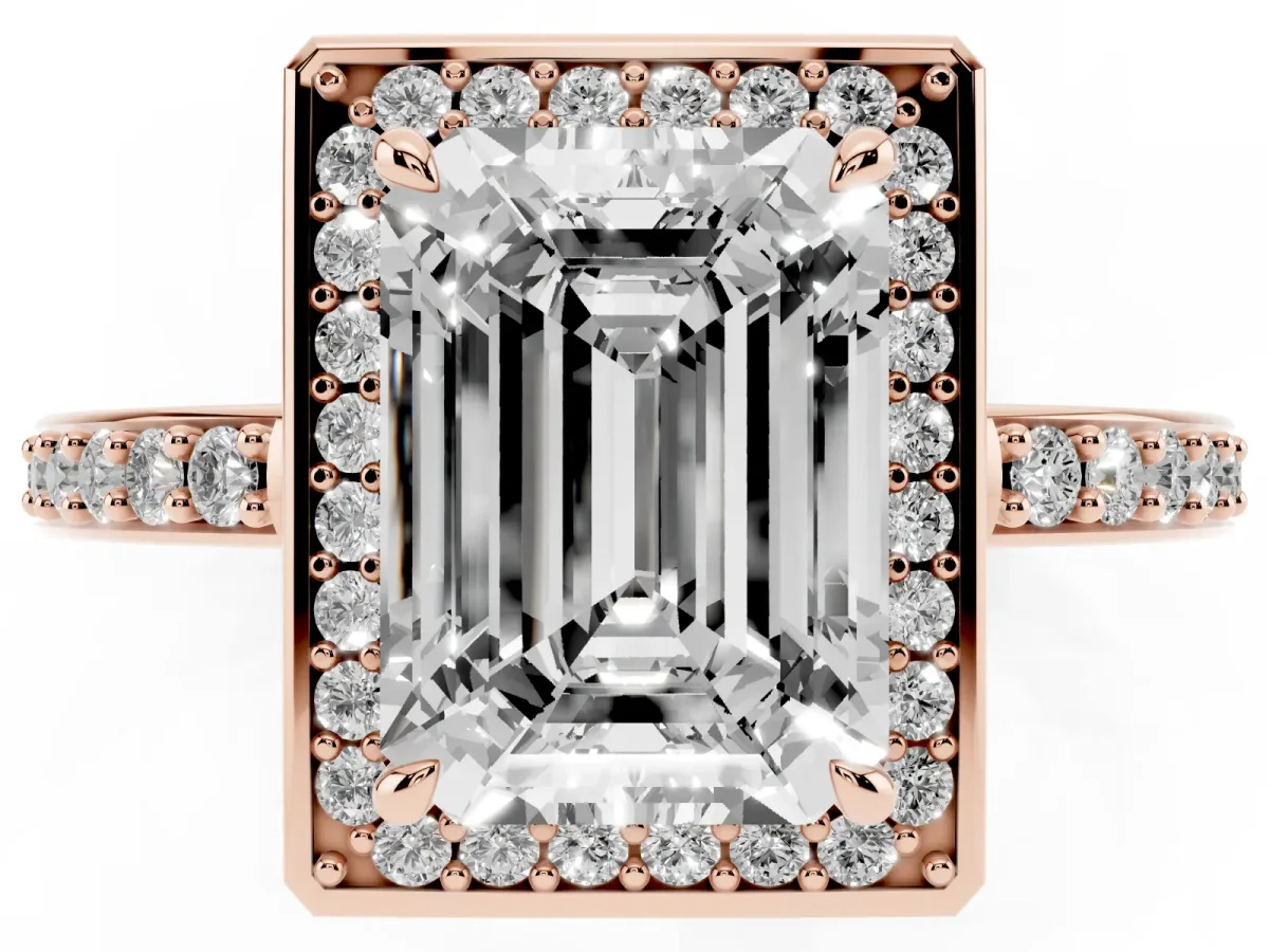 Emerald Cut Halo Pave Band Solitaire Ring with Prong Setting Rose gold