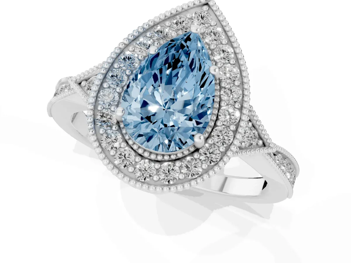 Fancy Blue Pear Cut Halo Round Diamond Milgrain Pave Engagement Ring Silver