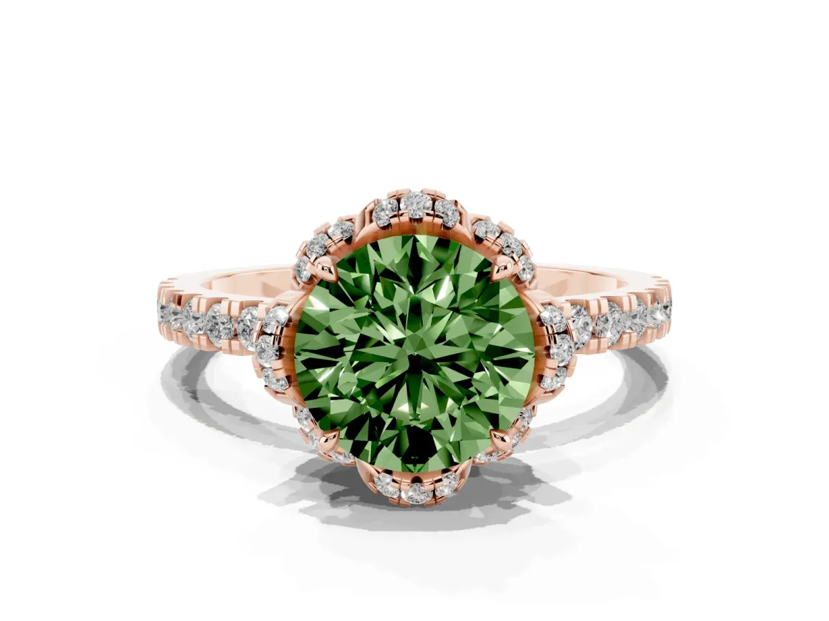 Fancy Green Round Cut Halo Diamond Pave Band Ring with Four-Prong Setting Rose gold