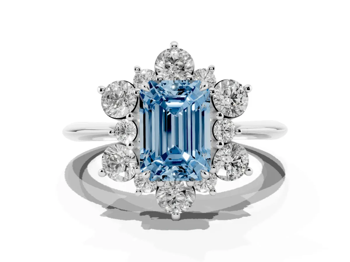 Fancy Blue Emerald Cut Diamond Cluster Halo Ring with Solitaire Band and Four-Prong Setting Silver