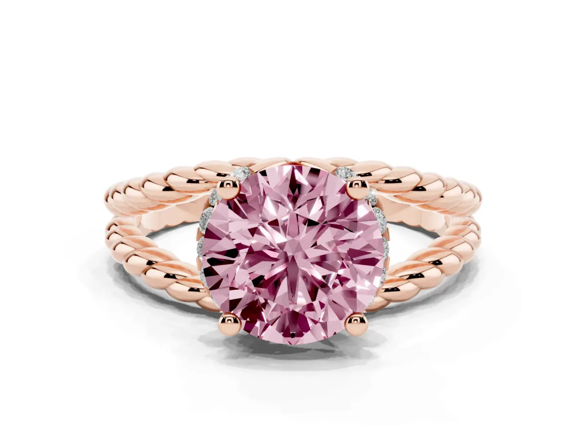 Fancy Pink Round Cut Halo Twisted Band Four-Prong Ring Rose gold