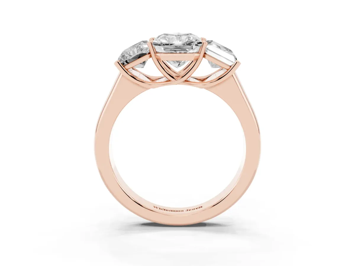 Radiant Cut Three-Stone Diamond Ring with Prong Setting on a Classic Band Rose gold