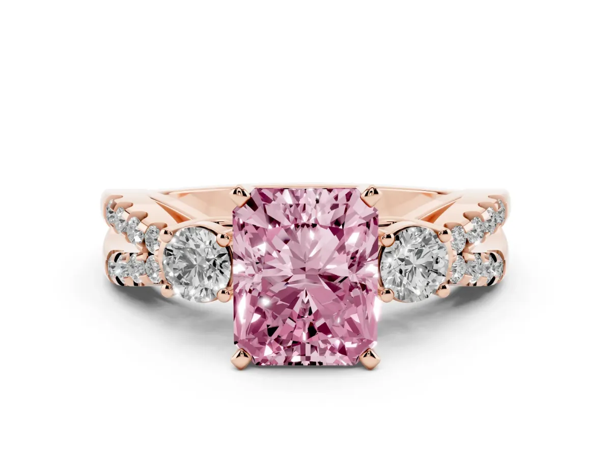 Fancy Pink Radiant Cut Diamond Three-Stone Ring with Pavé Split Shank and Four-Prong Setting Rose gold