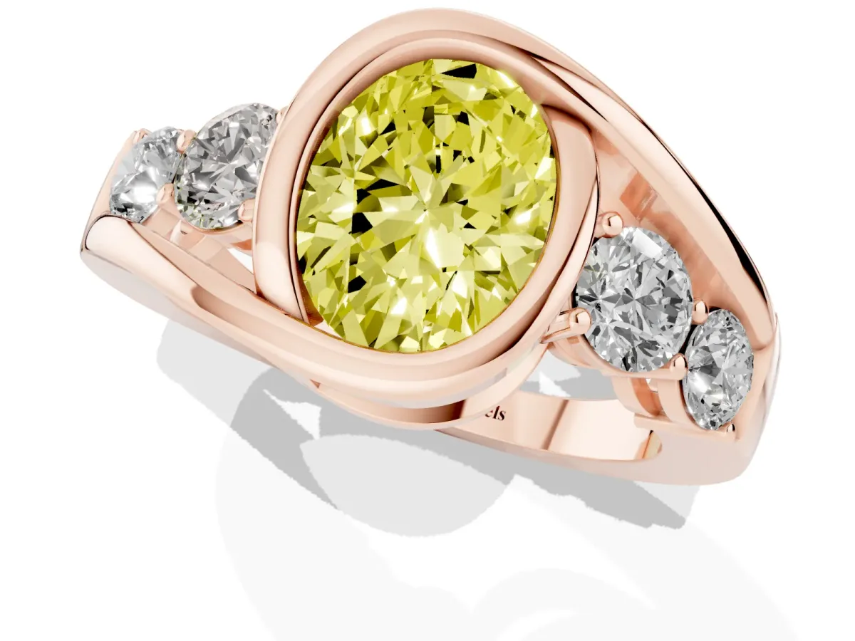 Fancy Yellow Bezel Set Oval Cut Diamond Bypass Ring with Round Accents Rose gold