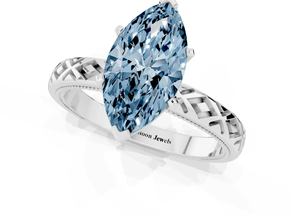 Fancy Blue Marquise Cut Solitaire Diamond Ring with Milgrain and Black Enamel X Pattern Band Platinum