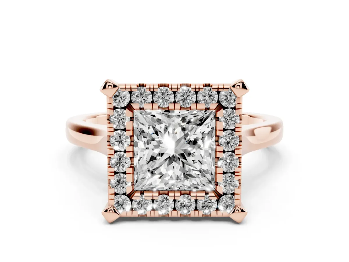 Princess Cut Diamond Cluster Halo Solitaire with Four-Prong Setting Rose gold