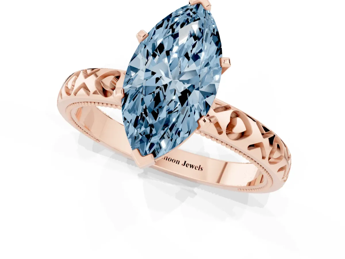 Fancy Blue Marquise Cut Solitaire Diamond Engagement Ring with XO Engraved Band and Four-Prong Setting Rose gold