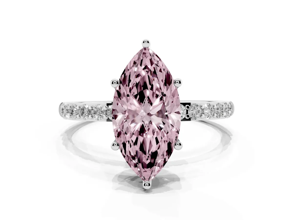 Fancy Pink Marquise Cut Diamond Solitaire Ring with Round Pavé Shoulders and Prong Setting Silver