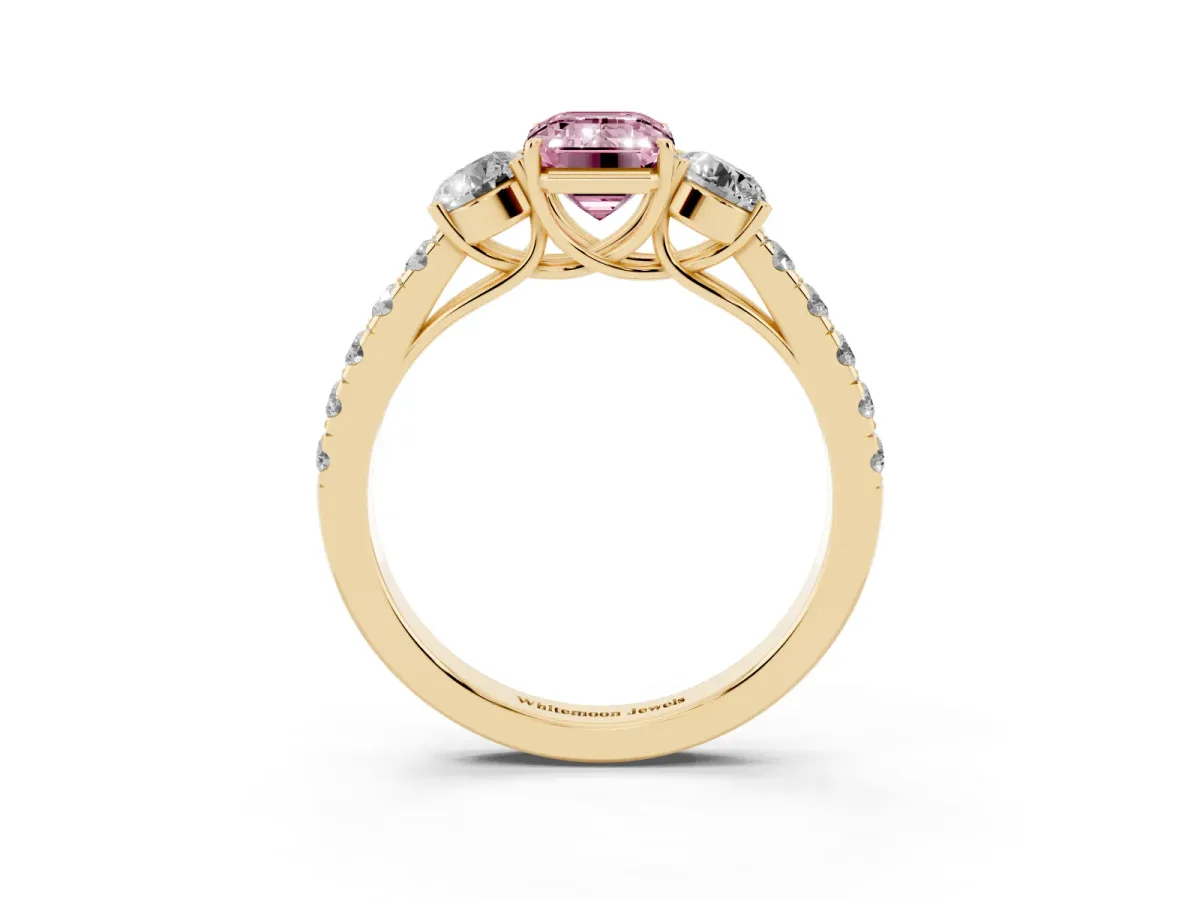 Fancy Pink Emerald Cut Cut Diamond Three-Stone Ring with Round Side Stones and Pavé Band Yellow gold