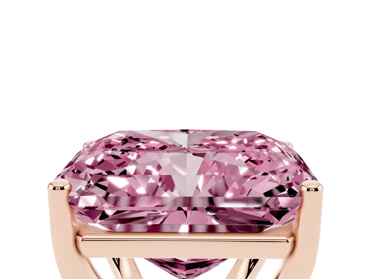 Fancy Pink Radiant Cut Cut Diamond Solitaire Engagement Ring with Tapered Plain Band and Four-Prong Setting Rose gold