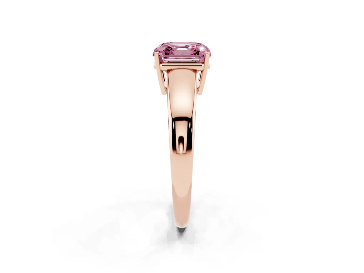 Fancy Pink Asscher Cut Solitaire Diamond Ring with Tapered Band and Four-Prong Setting Rose gold