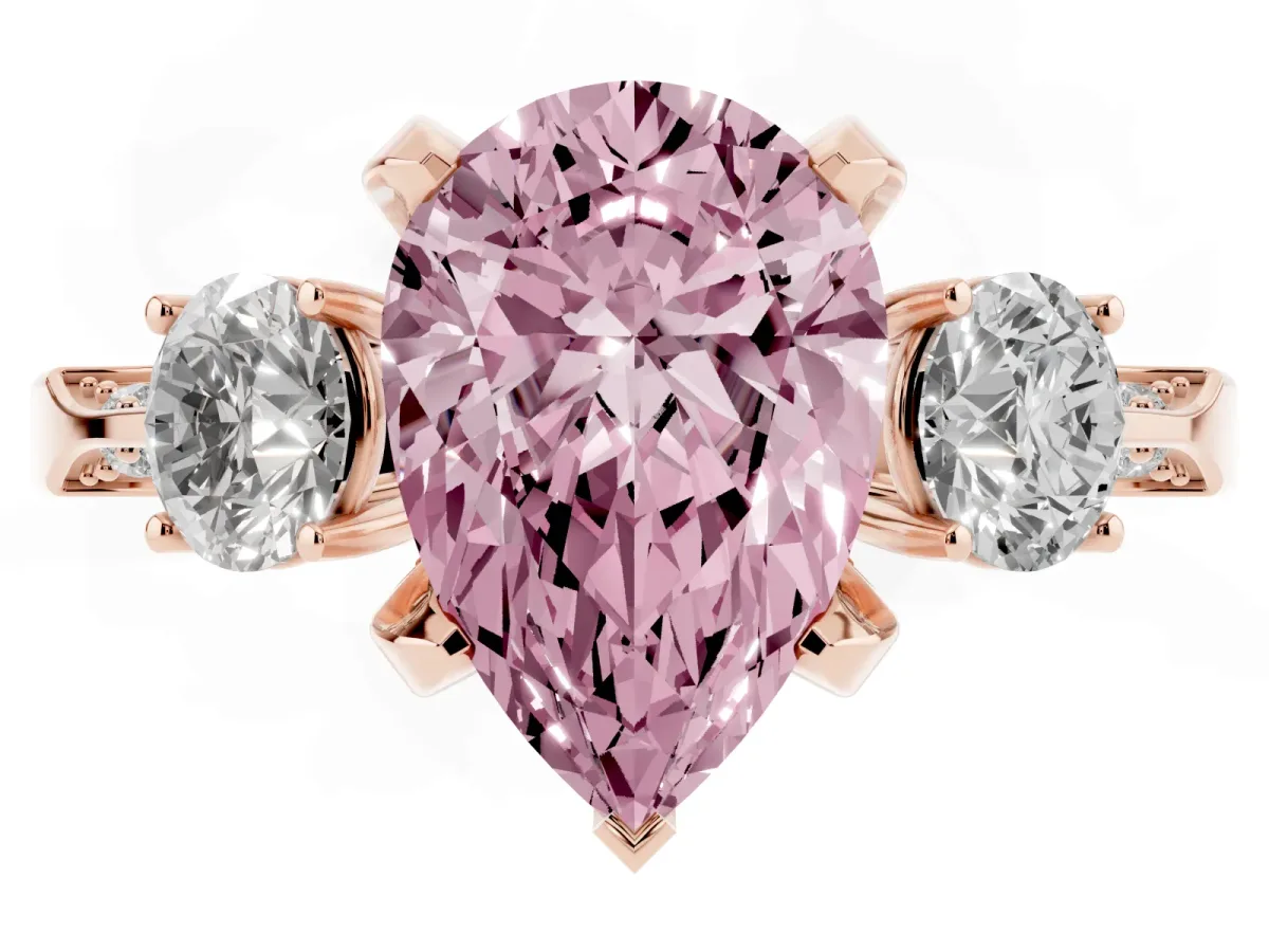 Fancy Pink Pear Cut Brilliant Three-Stone Diamond Ring with Pavé Band and Four-Prong Setting Rose gold