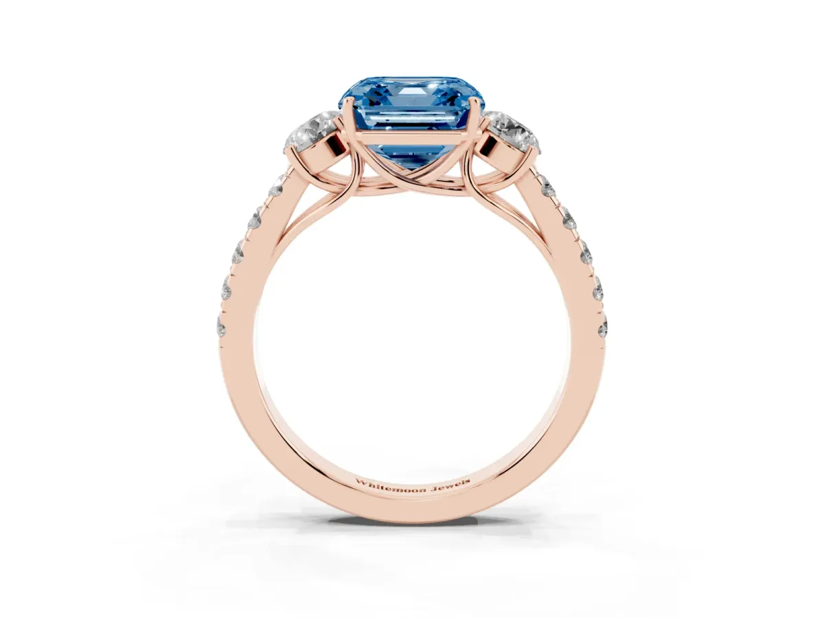 Fancy Blue Asscher Cut Cut Diamond Three-Stone Ring with Round Side Stones and Pavé Band Rose gold