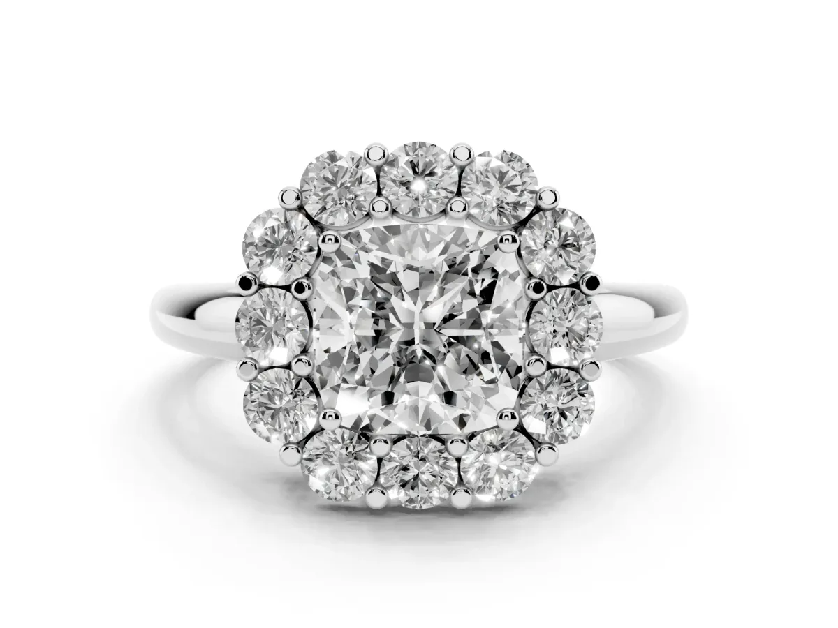 Cushion Cut Halo Cluster Diamond Engagement Ring with Prong Setting and Polished Band Platinum