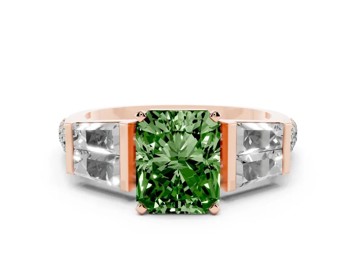 Fancy Green Radiant Cut Diamond Engagement Ring with Baguette Side Stones and Channel Set Band Rose gold