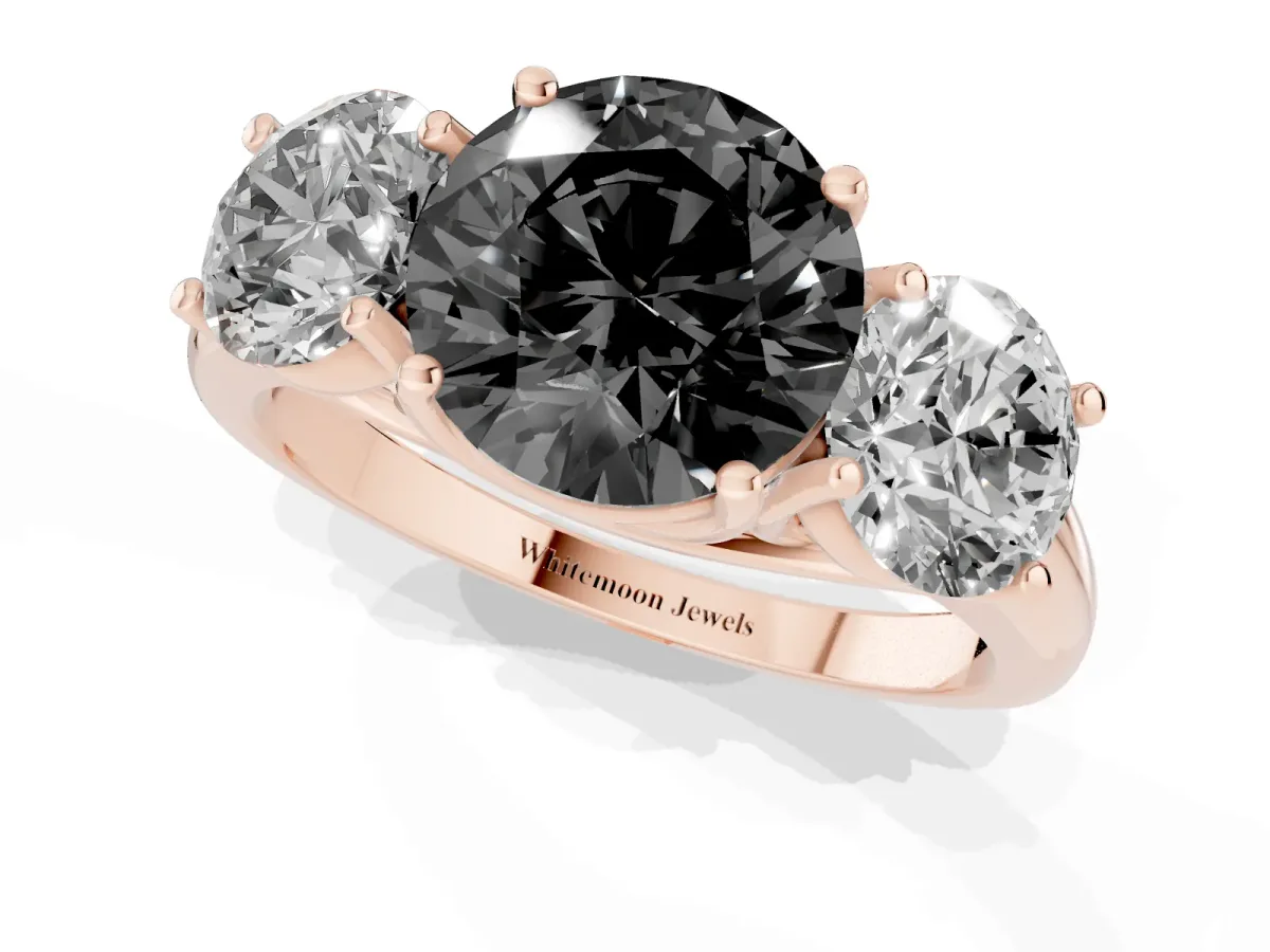 Fancy Black Three-Stone Round Cut Diamond Engagement Ring with Prong Setting Rose gold