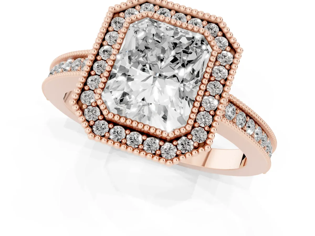 Radiant Cut Cut Halo Diamond Ring with Pavé Band and Milgrain Prong Setting Rose gold