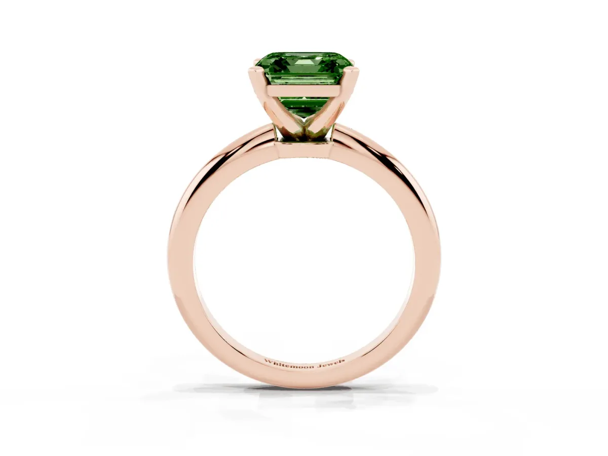 Fancy Green Asscher Cut Diamond Solitaire Ring with Prong Setting and Classic Band Rose gold