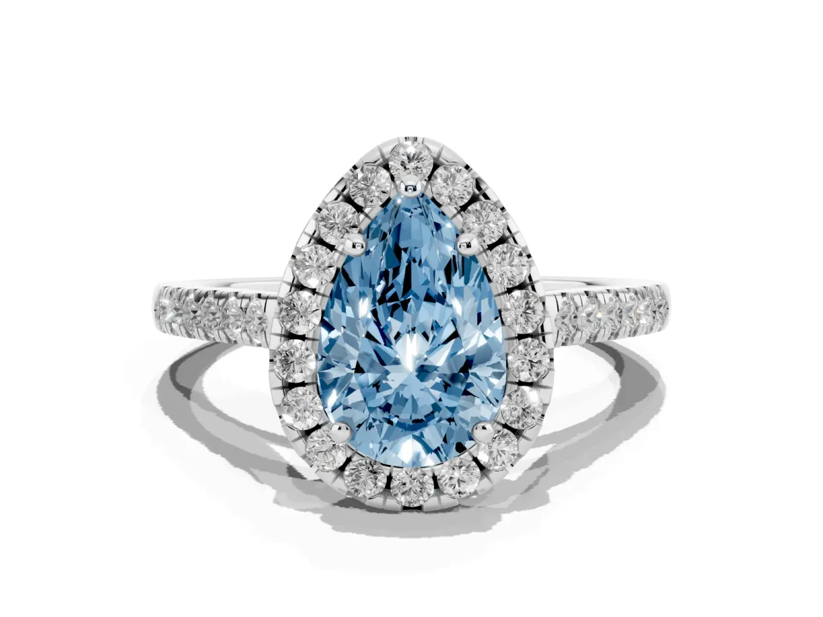 Fancy Blue Pear Cut Halo Pavé Diamond Engagement Ring with Four-Prong Setting Silver