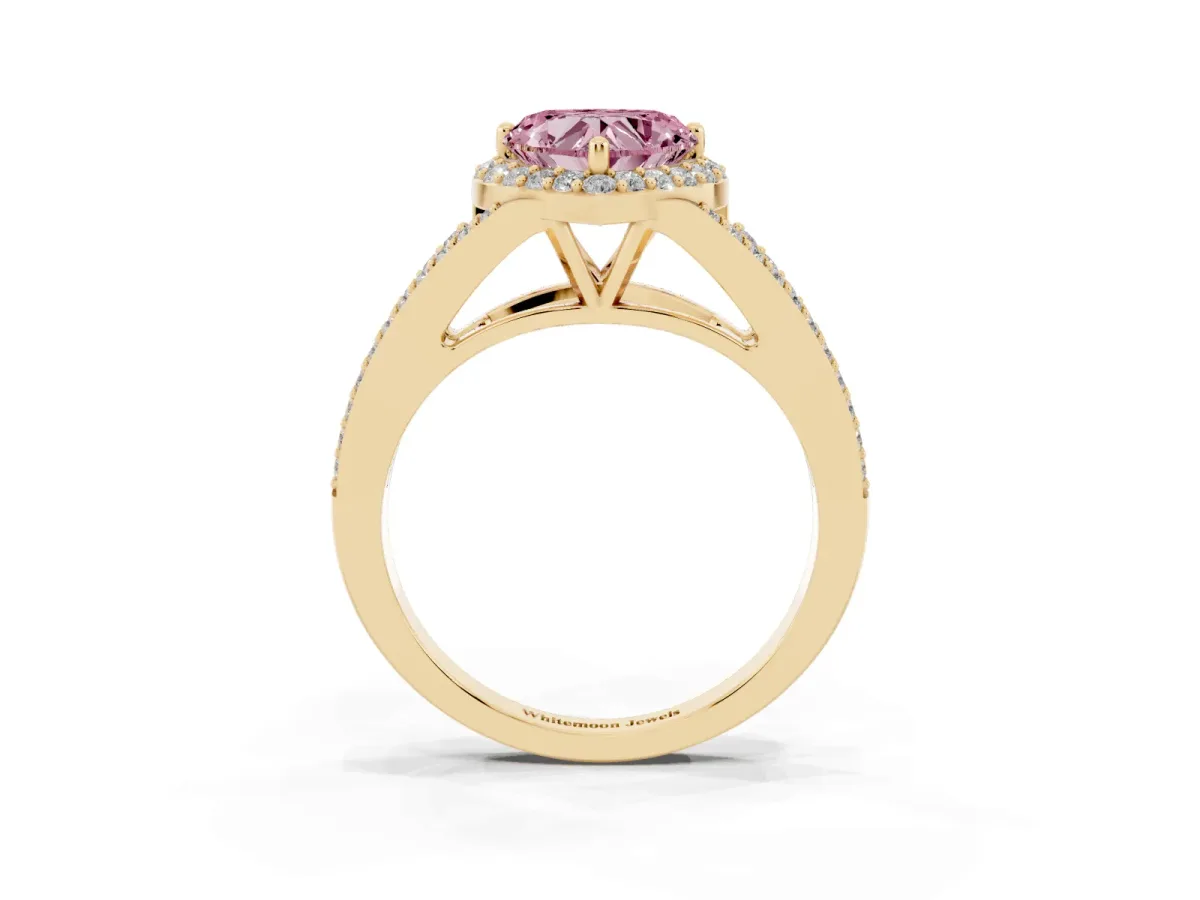 Fancy Pink Heart Cut Halo Split Shank Pave Diamond Ring with Four-Prong Setting Yellow gold
