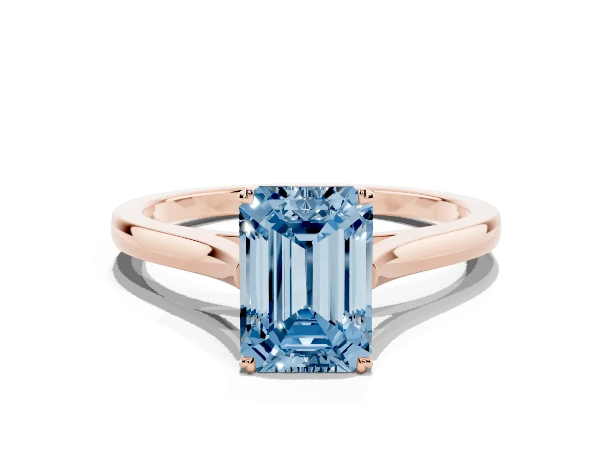 Fancy Blue Emerald Cut Solitaire Heart Prong Engagement Ring with Tapered Band Rose gold