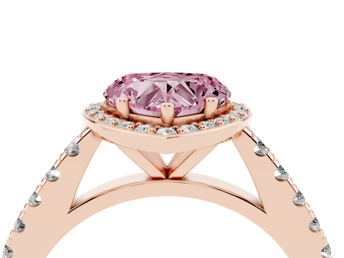 Fancy Pink Heart Cut Cut Halo Diamond Engagement Ring with Pave Band and Four-Prong Setting Rose gold