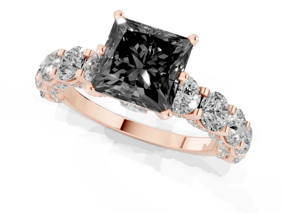 Fancy Black Princess Cut Diamond Side Stone Engagement Ring with Four-Prong Setting Rose gold