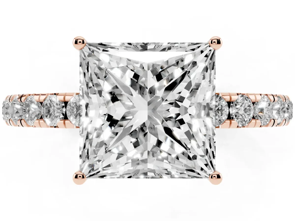 Princess Cut Diamond Pavé Solitaire Engagement Ring with Four-Prong Setting Rose gold