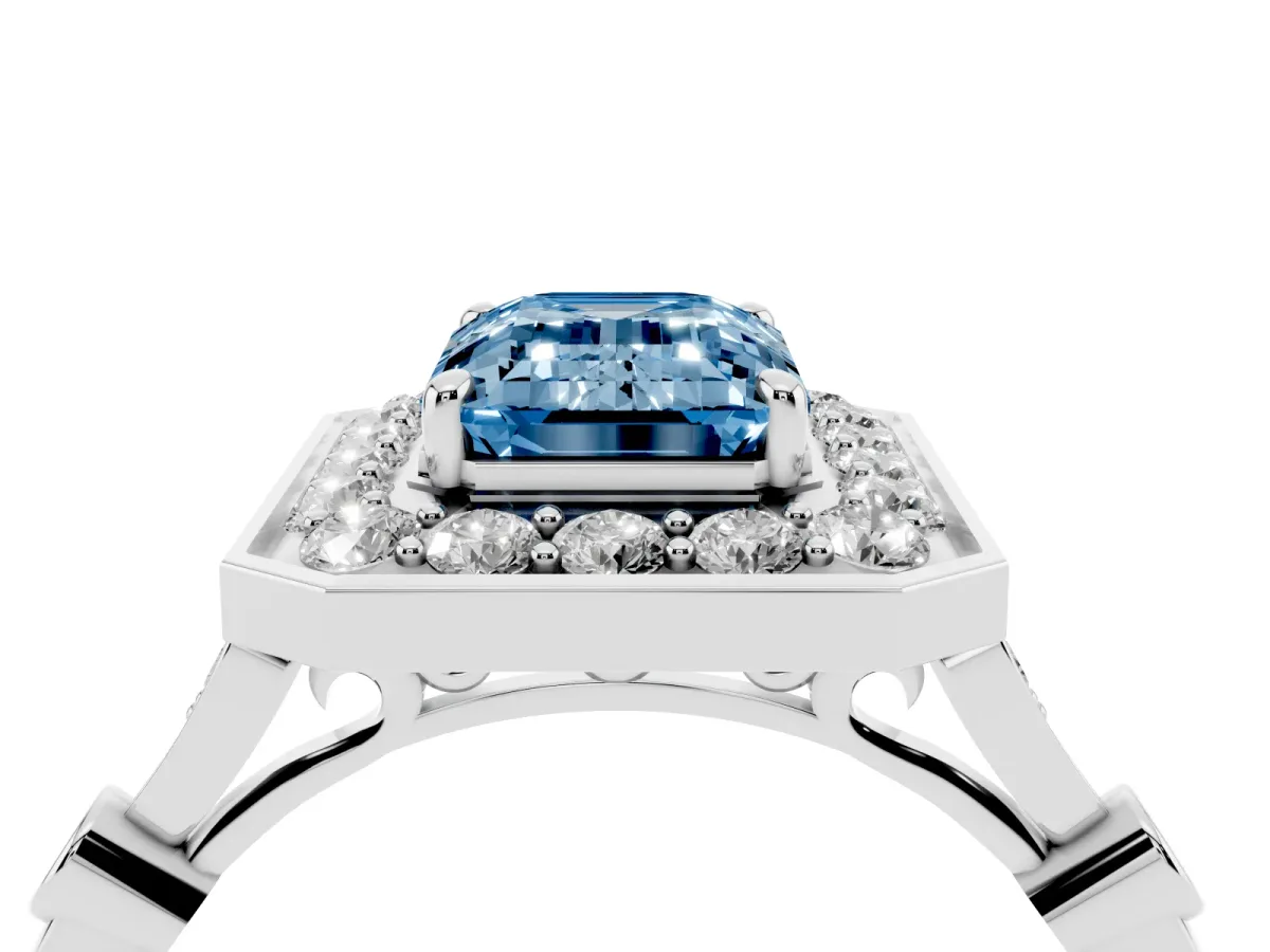 Fancy Blue Emerald Cut Halo Diamond Engagement Ring with Twisted Band and Four-Prong Setting Silver
