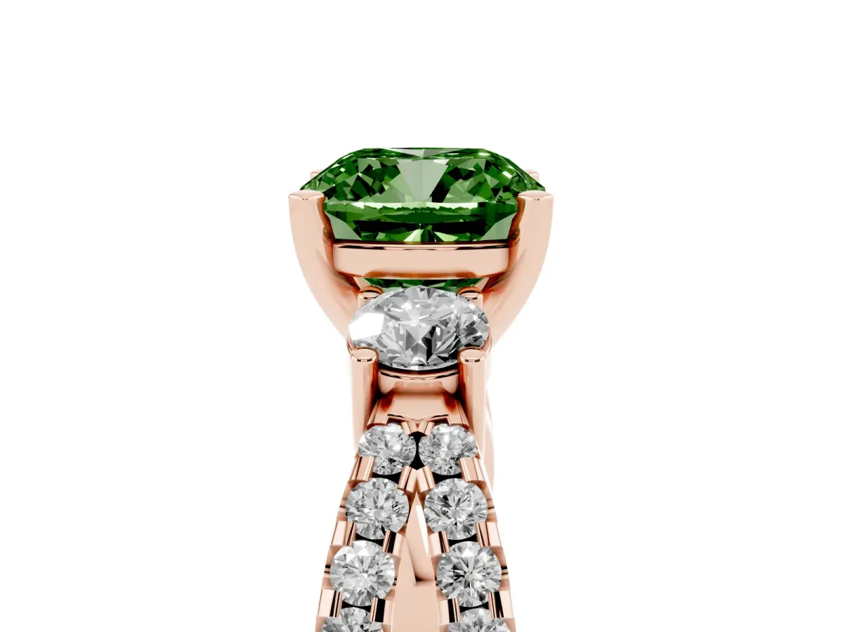 Fancy Green Cushion Cut Diamond Three-Stone Ring with Pavé Split Shank and Four-Prong Setting Rose gold